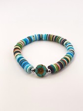 Blue Tropical Flower Beaded Heishi Bracelet Beach Coastal