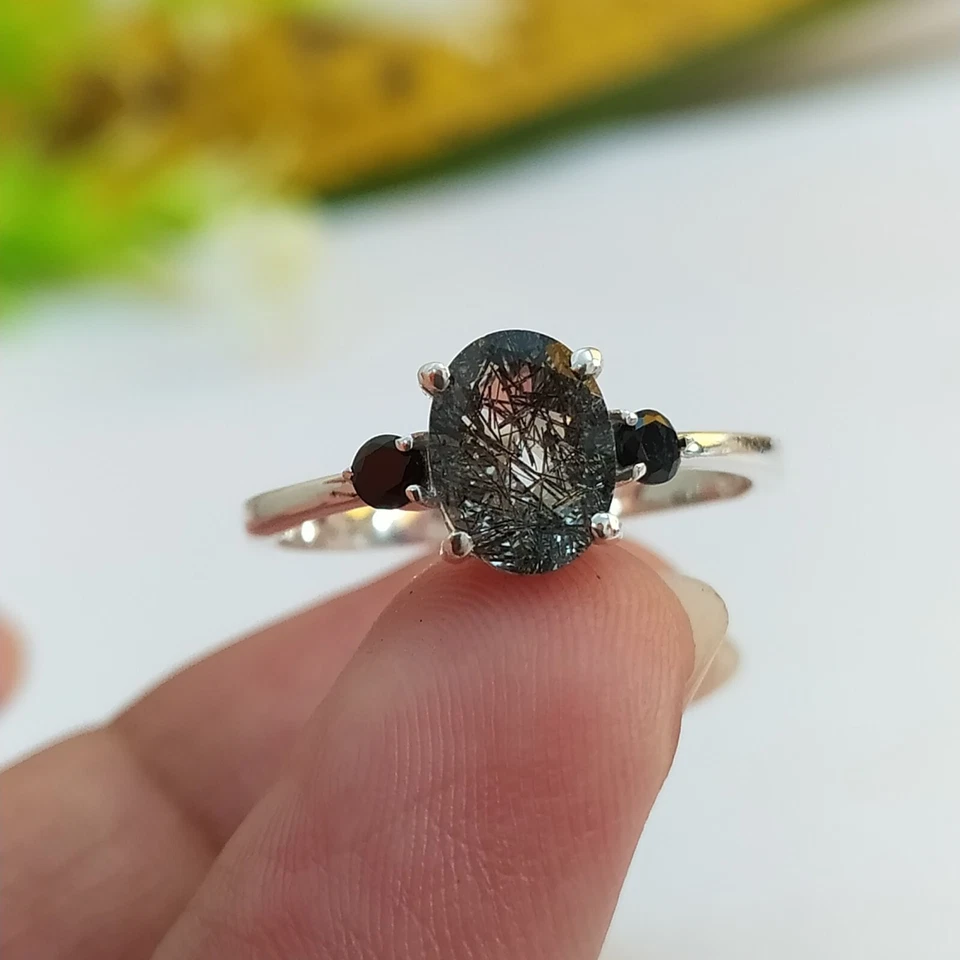 Anillo de aniversario de cuarzo rutilo negro natural anillo de plata de ley maciza 925 Foto 4 de 4