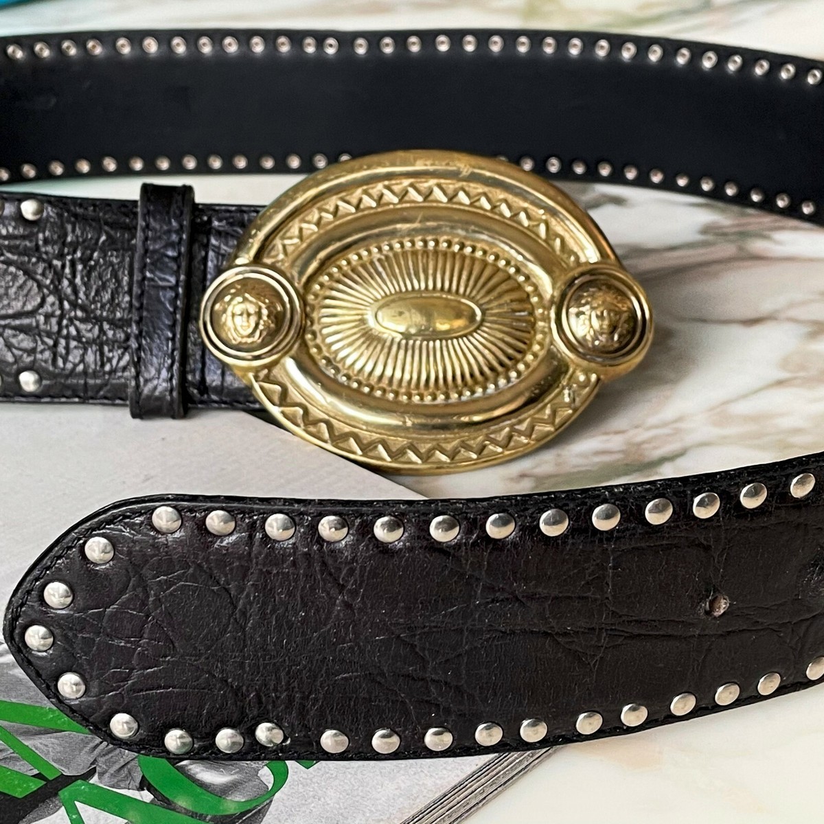 1992 GIANNI VERSACE belt black studded w/ oval Medallion buckle 90