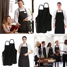 US 2 Pcs Waterproof Chef Apron Black Catering Cooking Kitchen Butcher 2 Pocket
