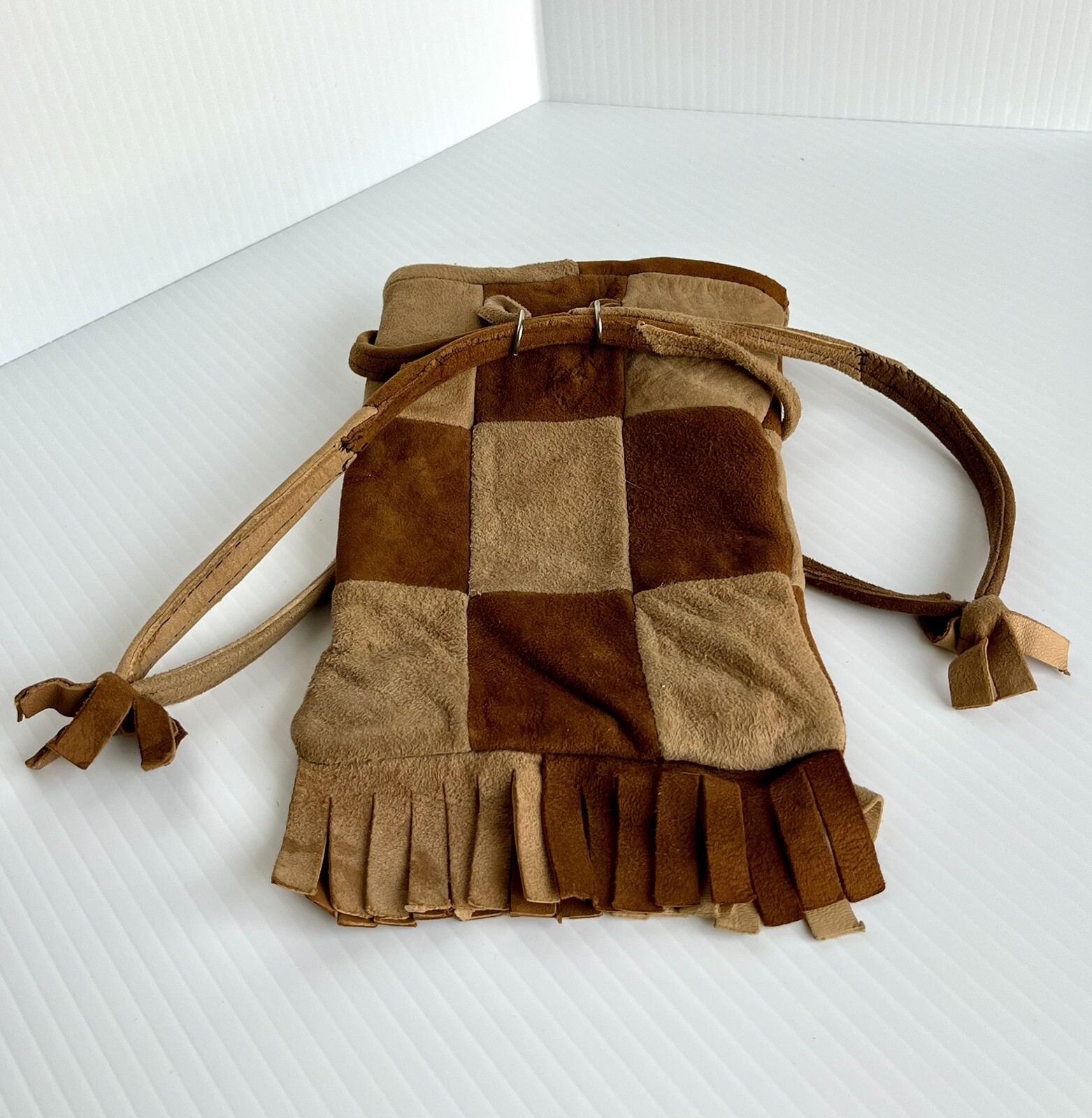 Vtg 70s Brown SUEDE leather PATCHWORK POUCH Drawstring Fringe Purse Retro SPAIN