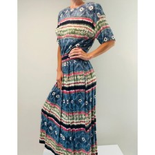 1908s-90s Vintage 2 Piece Rayon Skirt Set Short Sleeve Blue Pink Small Medium JL