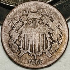 1865 Two Cent Piece 2C Ungraded Civil War Date US Copper Coin CC29081