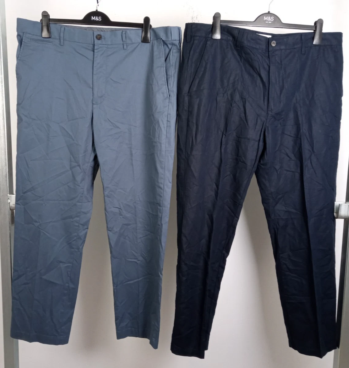 M&S Mens 2pcs Linen Blend Trousers Chinos Size 42" Reg Blue Navy NEW