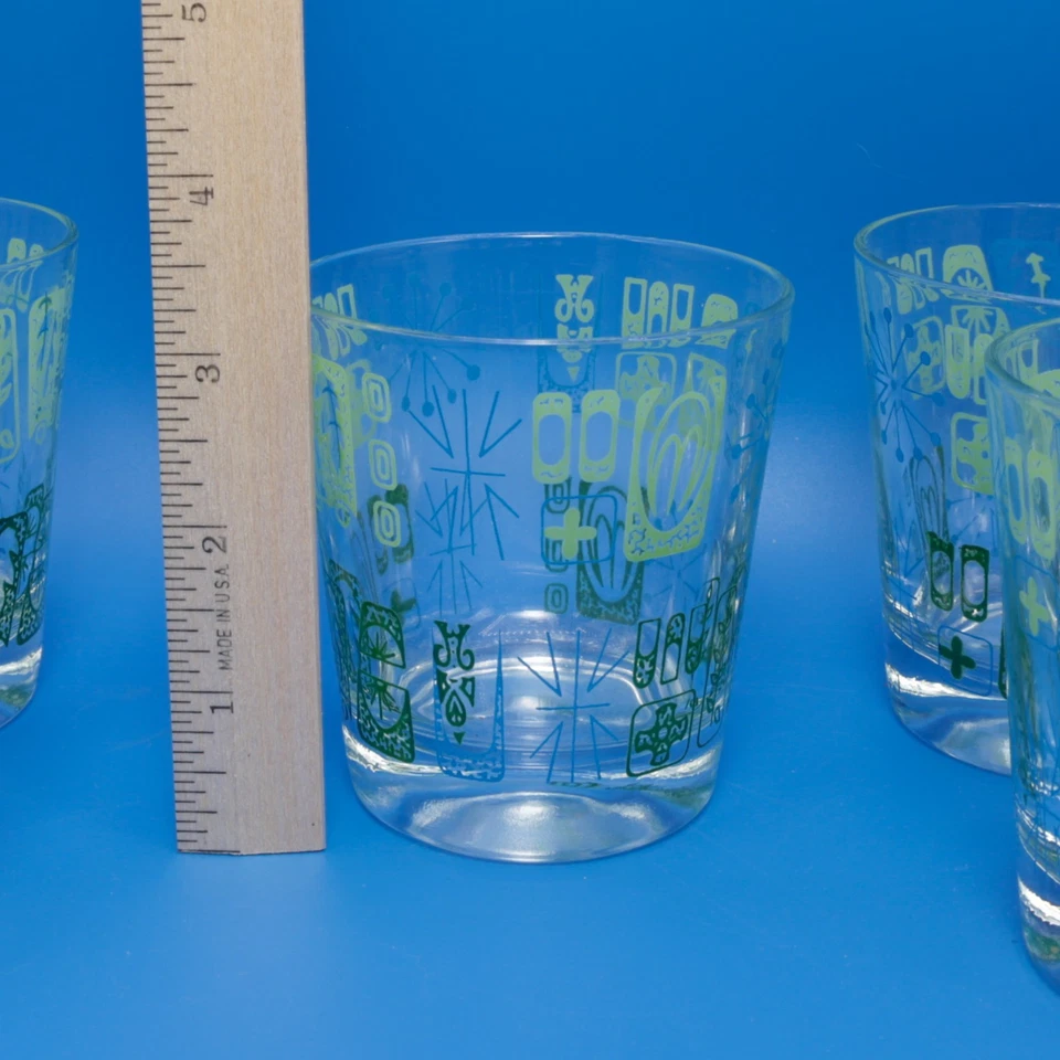 Set of 5 Mid Century Modern Atomic Lowball Glasses Green Retro Barware 6 oz - Image 2 of 2