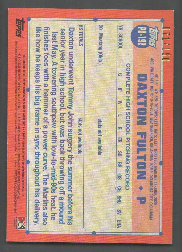 2021 Topps Pro Debut Baseball Autographs Blue #PD192 Daxton Fulton Auto /150 - Image 2 of 2