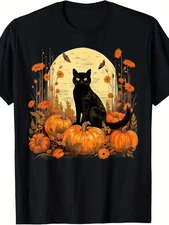 Halloween Black Cat & Pumpkins Graphic T-Shirt - Autumn Floral Design, All-Seaso