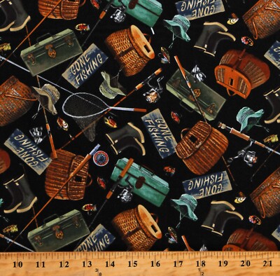 fabric tackle box Cotton Fishing Gear Equipment Tackle Box Rods Fabric Print by the Yard  D688.80