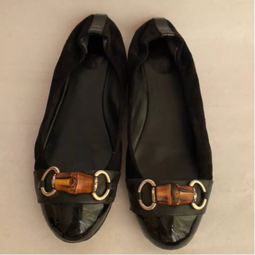 Authentique chaussures de ballet Gucci bambou Horsebit daim noir pointure 39 25 cm femme
