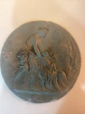 Early Antique Copper Wall Plaque Woman W/ Cherubs Playing , Round