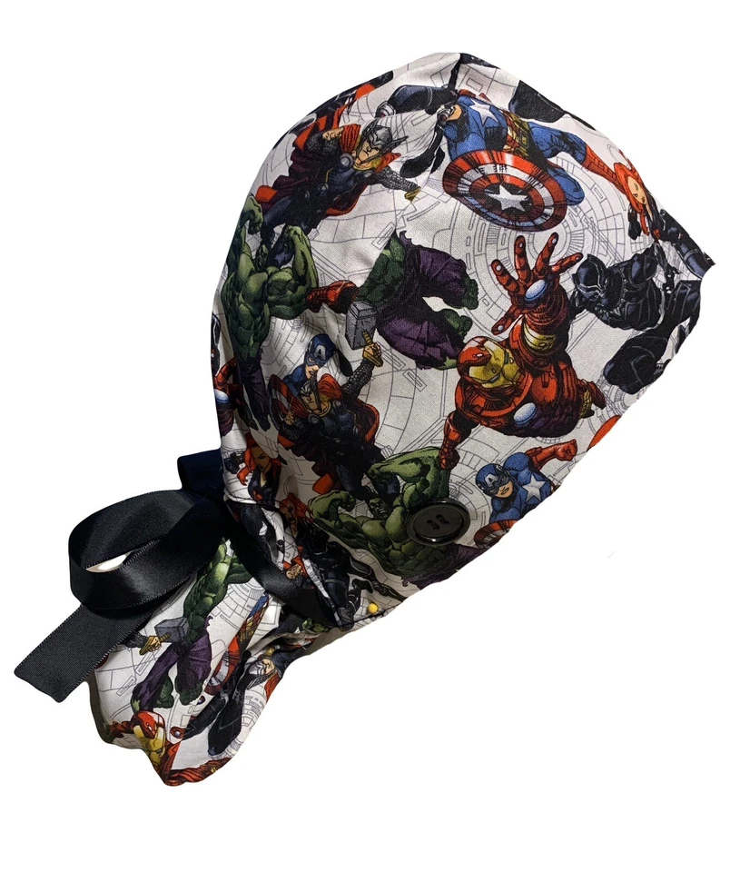 Super Hero SATIN LINED Scrub Cap Ponytail Hat Long Hair Protection Nurse Hat - Image 3 of 4