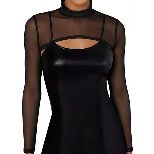 Women Seethrough Mesh Crop Top Mock Neck Long Sleeve Tshirt Beach