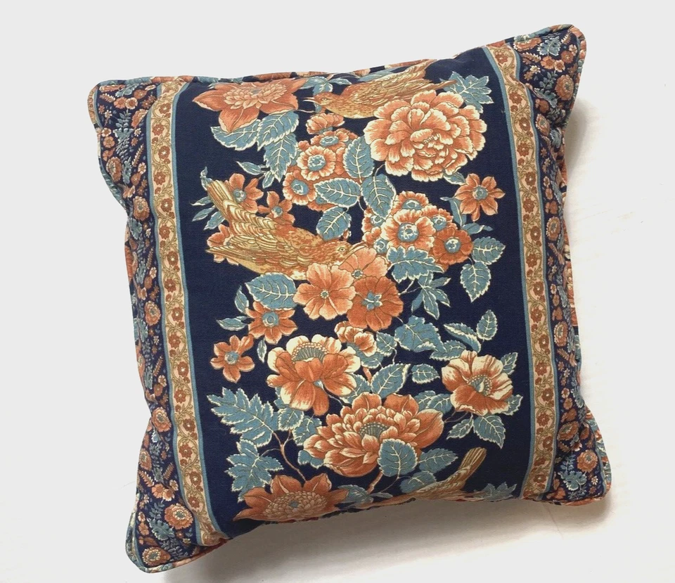 2 Almohadas de Colección Hechas a Mano Pájaros Chintz Rosa Azul Toile Patrón Raro Par Foto 3 de 4