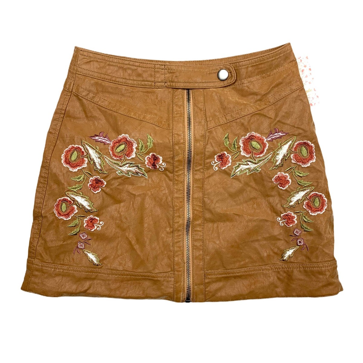 Free People Brown Faux Leather Embroidered Front Zipper Mini Skirt
