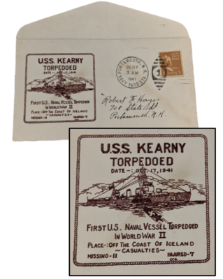 US Navy Postal Cover: USS KEARNY NAZI TORPEDOED, Post Marked Day