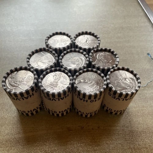 1776-2026 P Liberty Uncirc. Rolls Half Dollars, Bank Wrapped 9 Rolls.