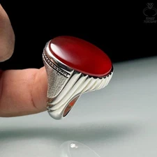 Authentic Handmade Yemeni Aqeeq Ring Oval Natural Red Agate Stone Jewelry