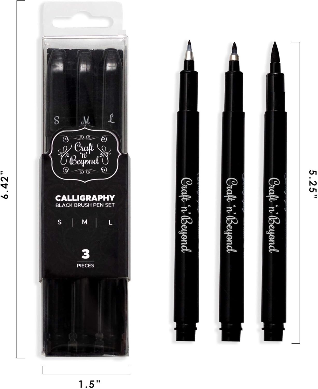 Craft 'N' beyond Calligraphy Brush Pens Pack of 3 Small, Medium and Large Marker
