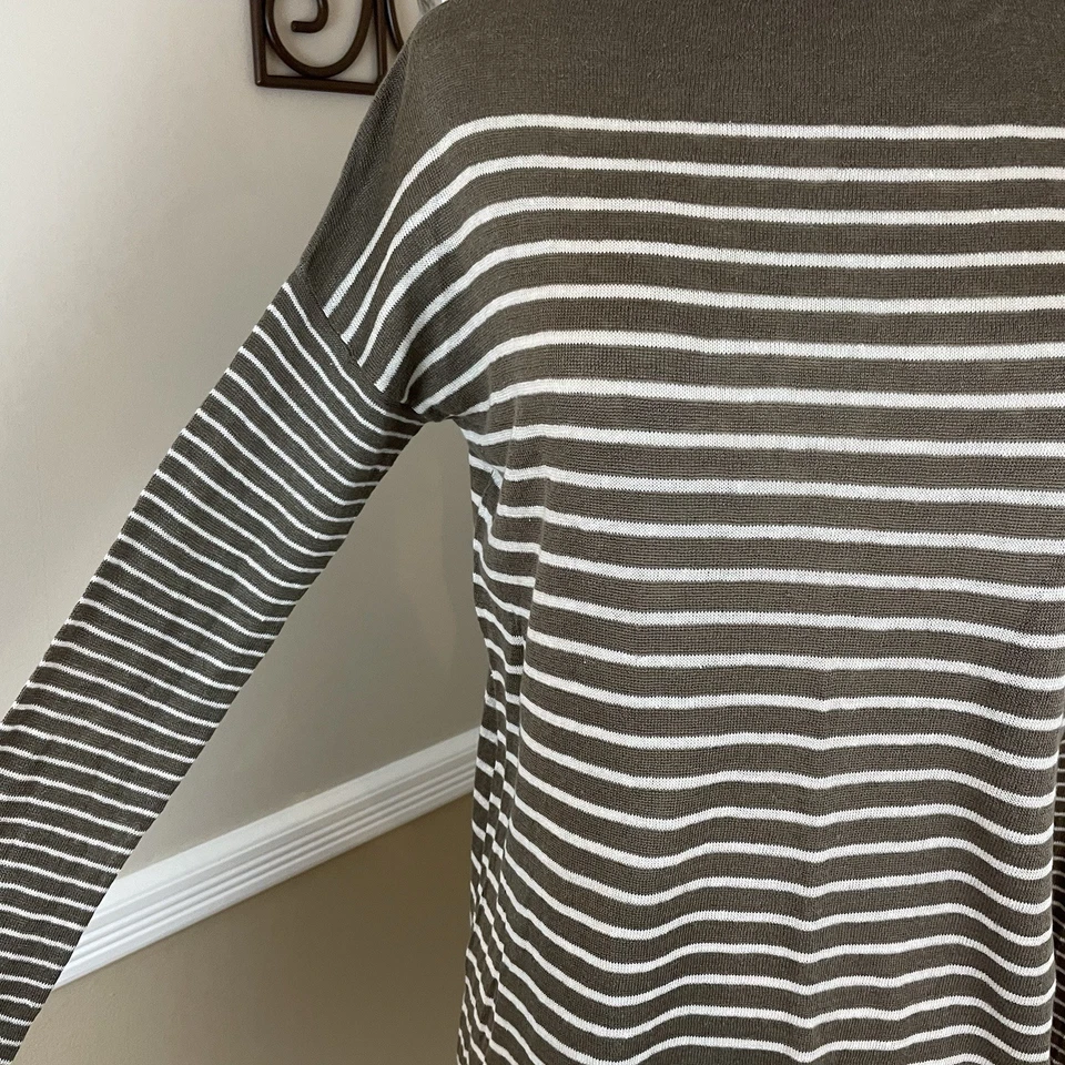 Suéter Pullover VINCE Lino Manga Larga Ligero Tejido Rayas Blanco Taupe XS Foto 4 de 4
