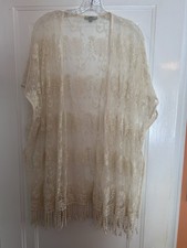 Boho Celesta Women’s Ivory Floral Lace Fringe Kimono Sheer Embroidered S