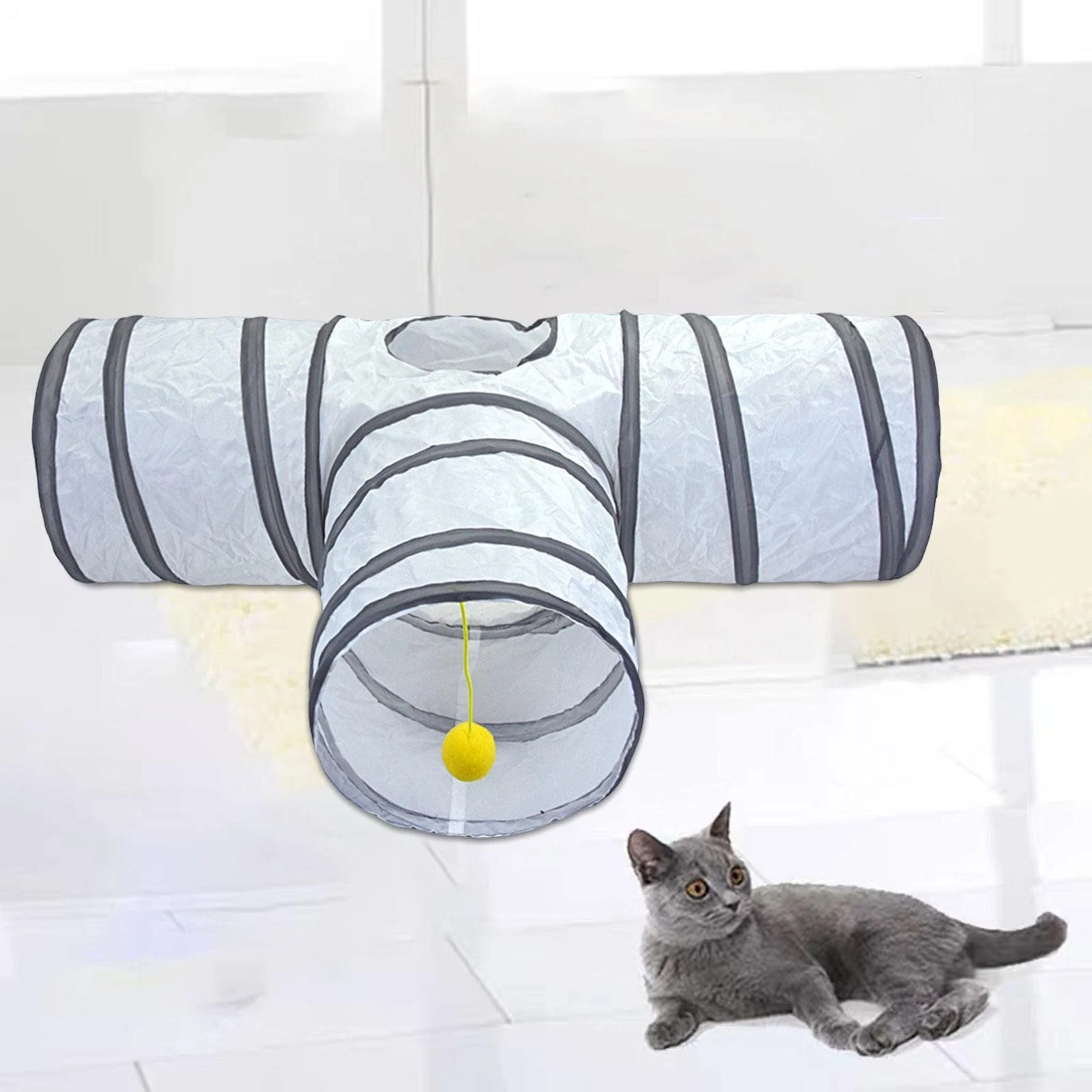 Cat Tunnel Tube T Shape Maze Structure Pet Tunnel with Interactive Toys Ball for