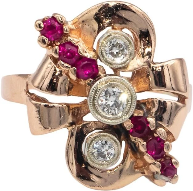 Винтажное ретро кольцо из розового золота 14 карат с бриллиантом и рубином 0,55 карата размер 9,75