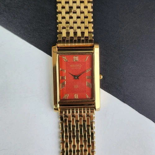 Vintage Seiko Slim Tank Quartz Men Red Dial Dress Watch-Free Shipping