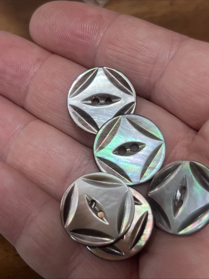 Lote De 6 Botones Madreperla Plata Gris Real Tallados De Colección 1930 3/4 Pulgadas Foto 4 de 4
