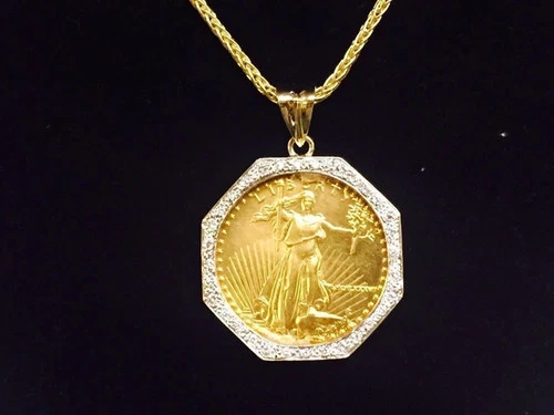 2Ct Round Lab Created Diamond Lady Liberty Coin Pendant 14K Yellow Gold Plated