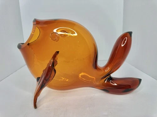Vintage MCM Blenko Glass 5433 Guppy Fish Vase In Honey Seeded 12.5” Stunning
