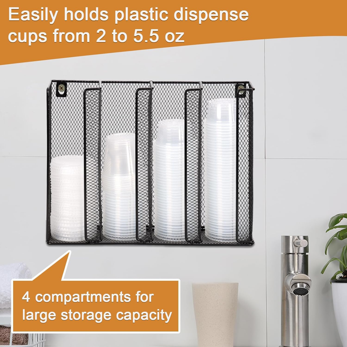 Inevibe Portion Cup And Lid Holder - 4 Compartment Acrylic Organizer For Condiment & Sauce Cups, Fits Cups 2 Oz To 5.5 Oz In Size, Use Dispenser On Countertop Or Wall Mount