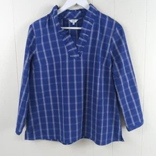 Crown & Ivy Women Top Size L Blue Plaid Long Sleeve Ruffle Neck Preppy Academia