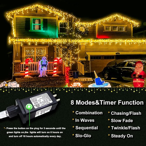 Icicle Christmas Lights Outdoor,33ft 400 LED Christmas Lights 8 Modes waterproof - Picture 6 of 12