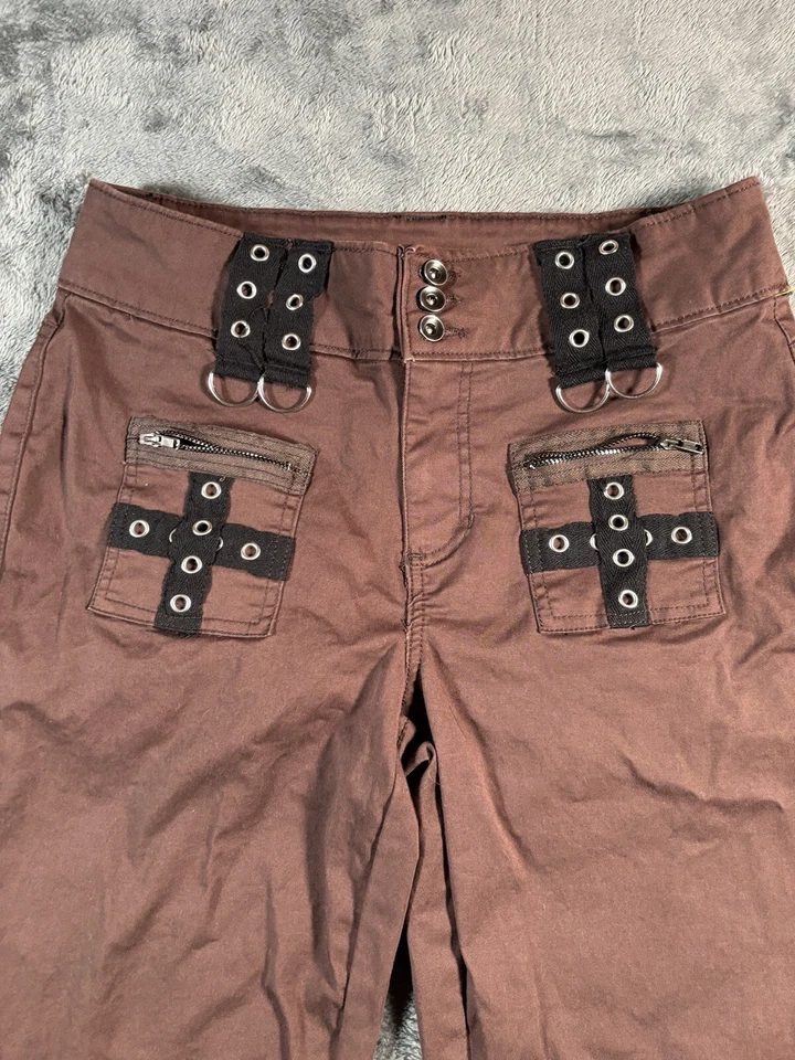 Hot Topic Pantalones Mujer 8 Marrón Suelto Acampanado Lona Cruces Anillo Remaches Gancho Punk Foto 3 de 4