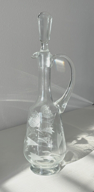 Vintage Etched Glass Decanter/Claret Jug/Carafe W/ Stopper Handle 15" Tall *READ