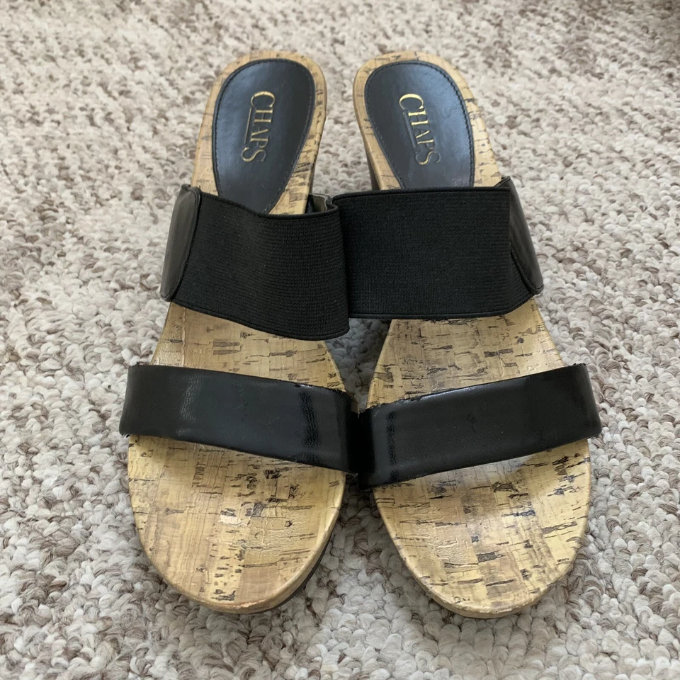 Sandalias sin cordones Chaps para mujer 7,5 negras corcho cama plataforma cuña tacón zapatos formales Foto 2 de 4
