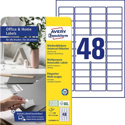AVERY Zweckform L4736REV-10 Universal Etiketten (480 Klebeetiketten, 45,7x21,2 m