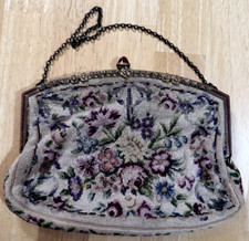 Vintage 1930s Micro Petit Point Needlepoint Flowered Tapestry Purse Handbag