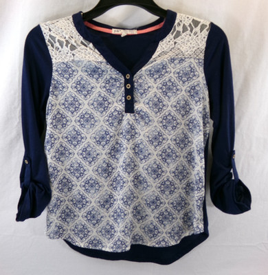 Jolt Navy Blue White Long Sleeve Top Blouse Lace Trim Size Small - EUC