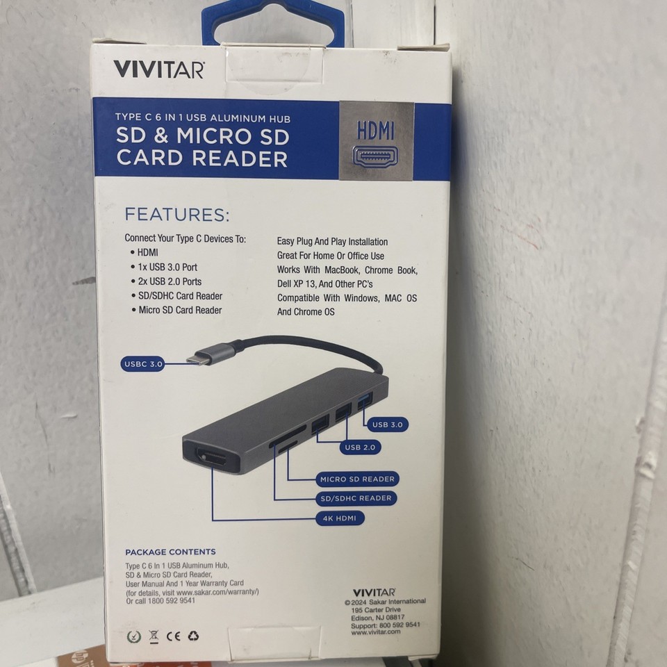 Vivitar Type C 6 In 1 USB Aluminum Hub SD & Micro SD Card Reader W/4K ...