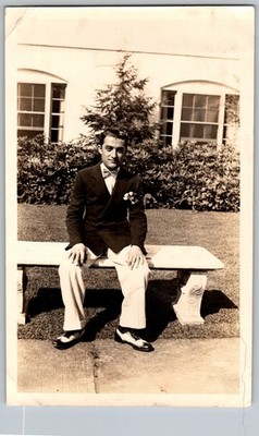 Vtg B&W Snapshot Dapper Man In Suit Bow Tie Spectator Shoes On Bench 1940s