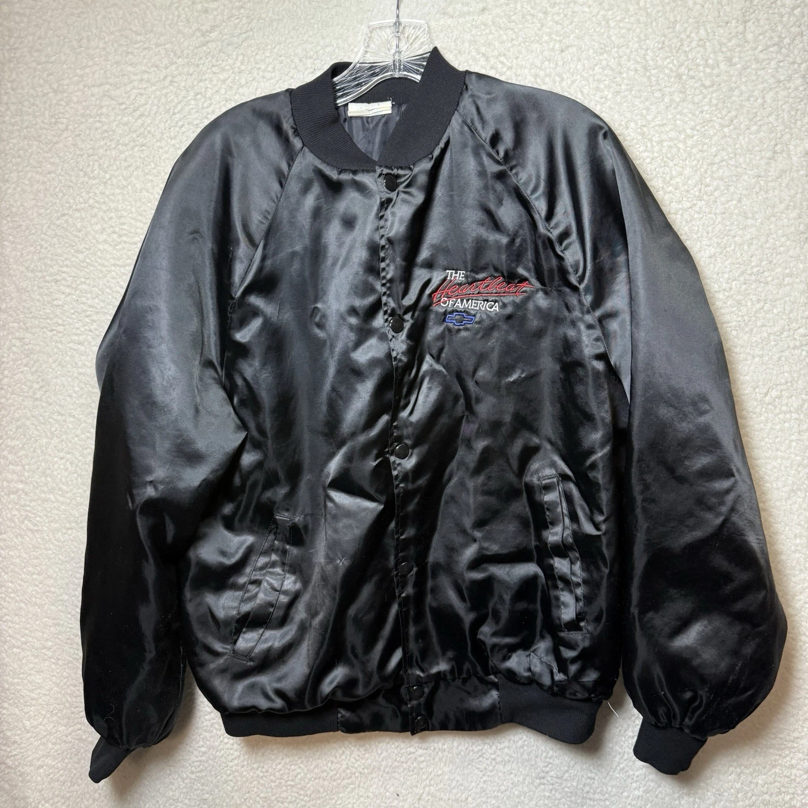 Chevrolet Nylon Jacket The Heartbeat Of America Mens Large Satin Vintage Black image 2