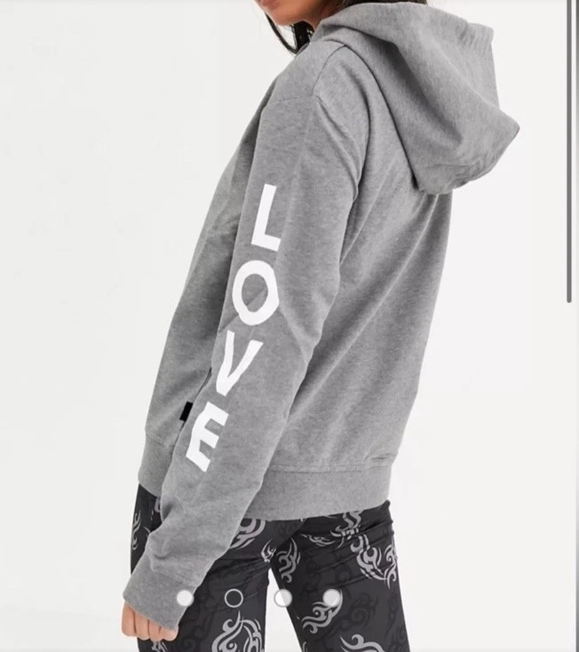 Felpa con cappuccio nuova con etichette Love Moschino donna Peace & Love slogan grigia tasca frontale taglia US 8