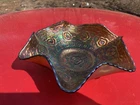 Vintage Green Fenton Carnival Glass Crimped Bowl Captive Rose Pattern