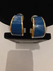 Monet Vintage Gold Tone Navy Blue Enamel Hoop Earrings, Costume Jewelry!