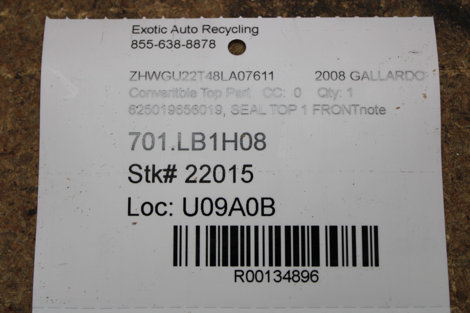 Lamborghini Gallardo, Spyder, Seal Top Front Moulding, Used, P/N 625019656019
