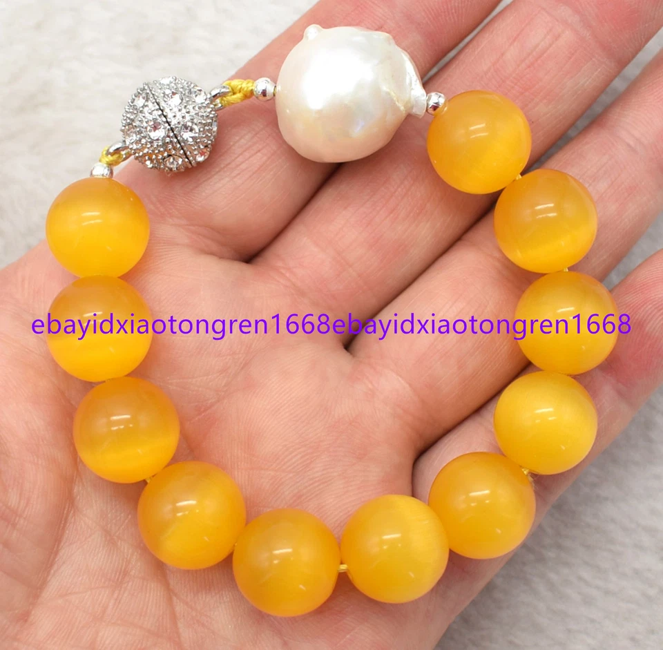 14mm Multicolor Gems Round Beads & White Keshi Baroque Pearl Bracelets 7.5 Inch - Image 3 of 4