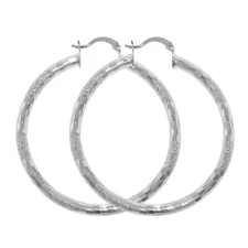 Women's 4mm Glitter Diamond Cut Silver Finish Medium Large Round Hoop Earrings