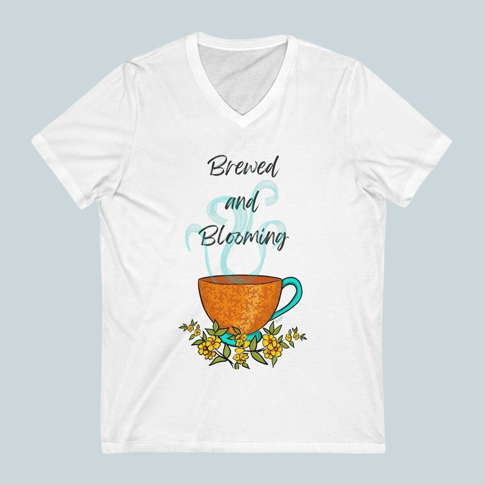 Brewed Blooming Hand Drawn Coffee & Flowers T-Shirt Bella Canvas  