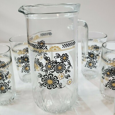 Vintage Cerve Glass Juice Pitcher & 6 Glasses Black & Gold Flowers Made in Italy